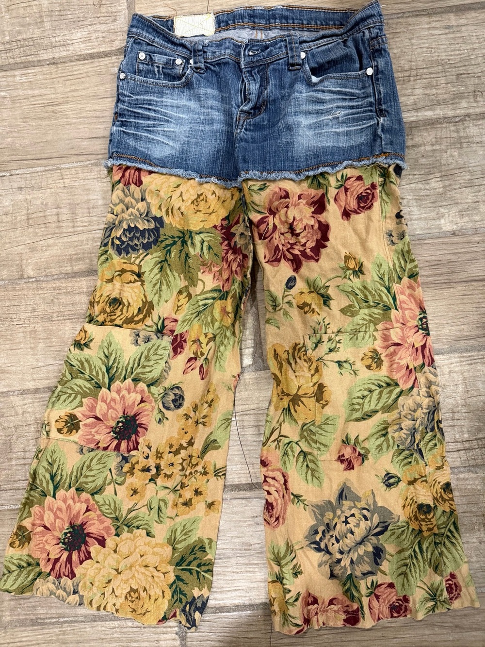 Machine Denim-to-Floral Wide-Leg Pants - Blue & Beige Floral